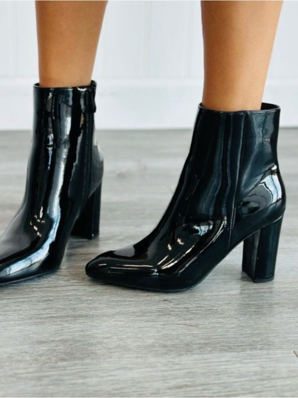 Soda Black Patent Block Heel Ankle Boots